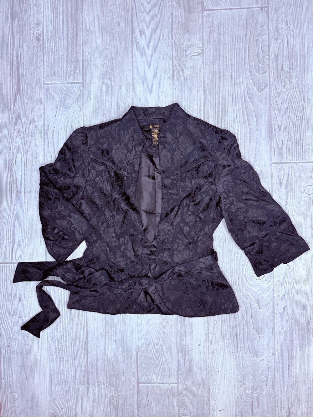 vintage Forever 21 (XXI) black jacquard/brocade blazer jacket small belted